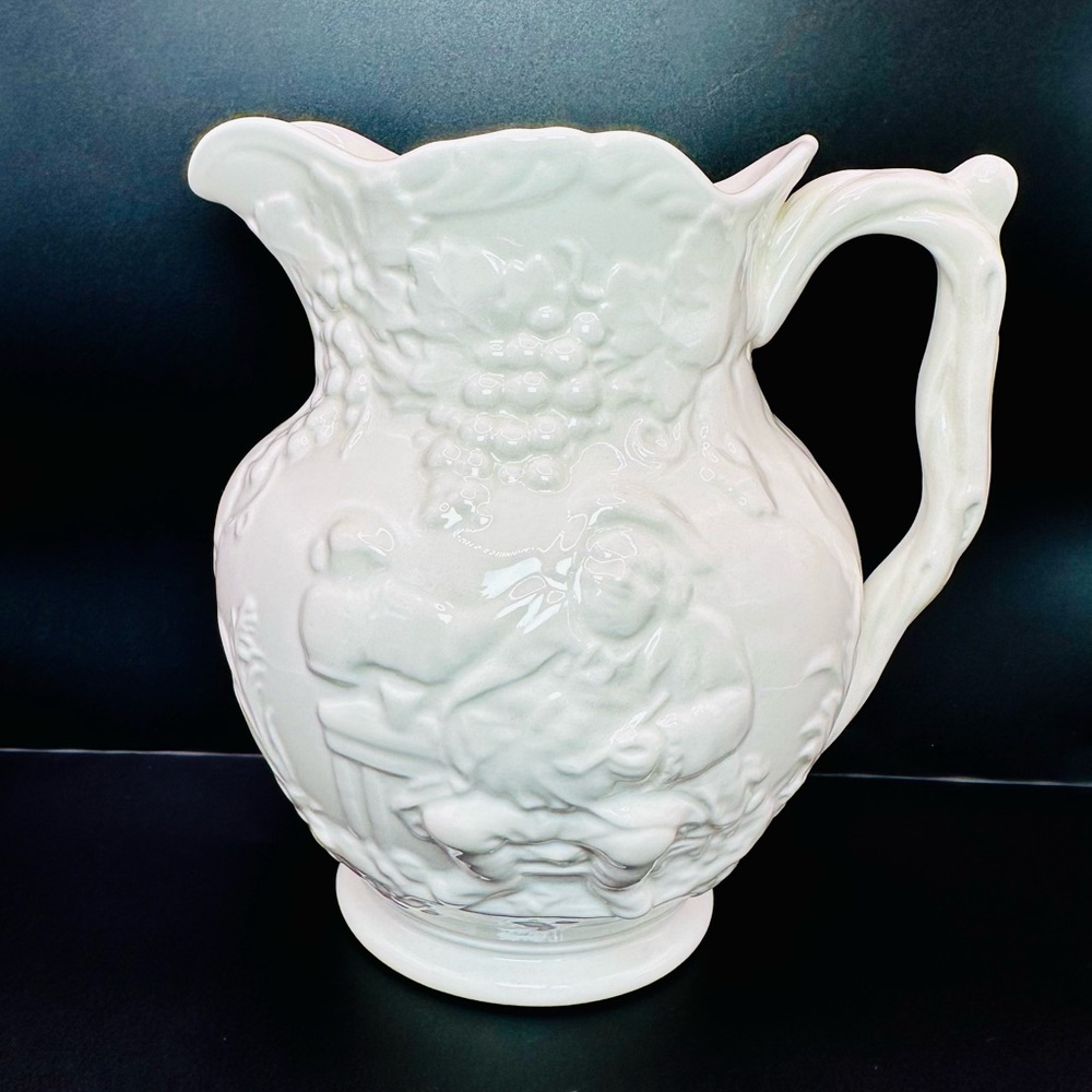 Spode Vintage England White Porcelain Pitcher Embossed Drinking Wine Garden 7”